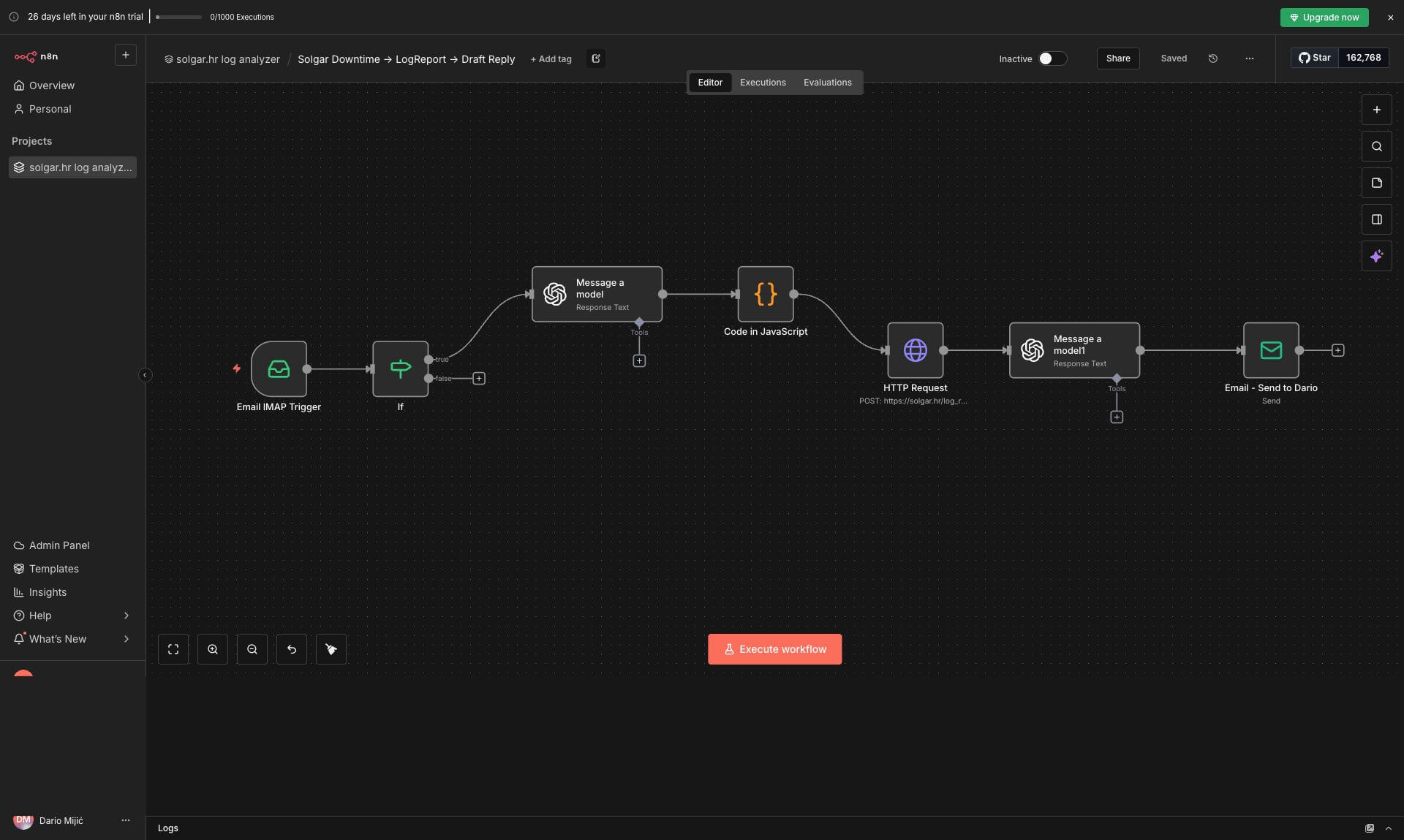 n8n workflow screenshot for LogSense automation